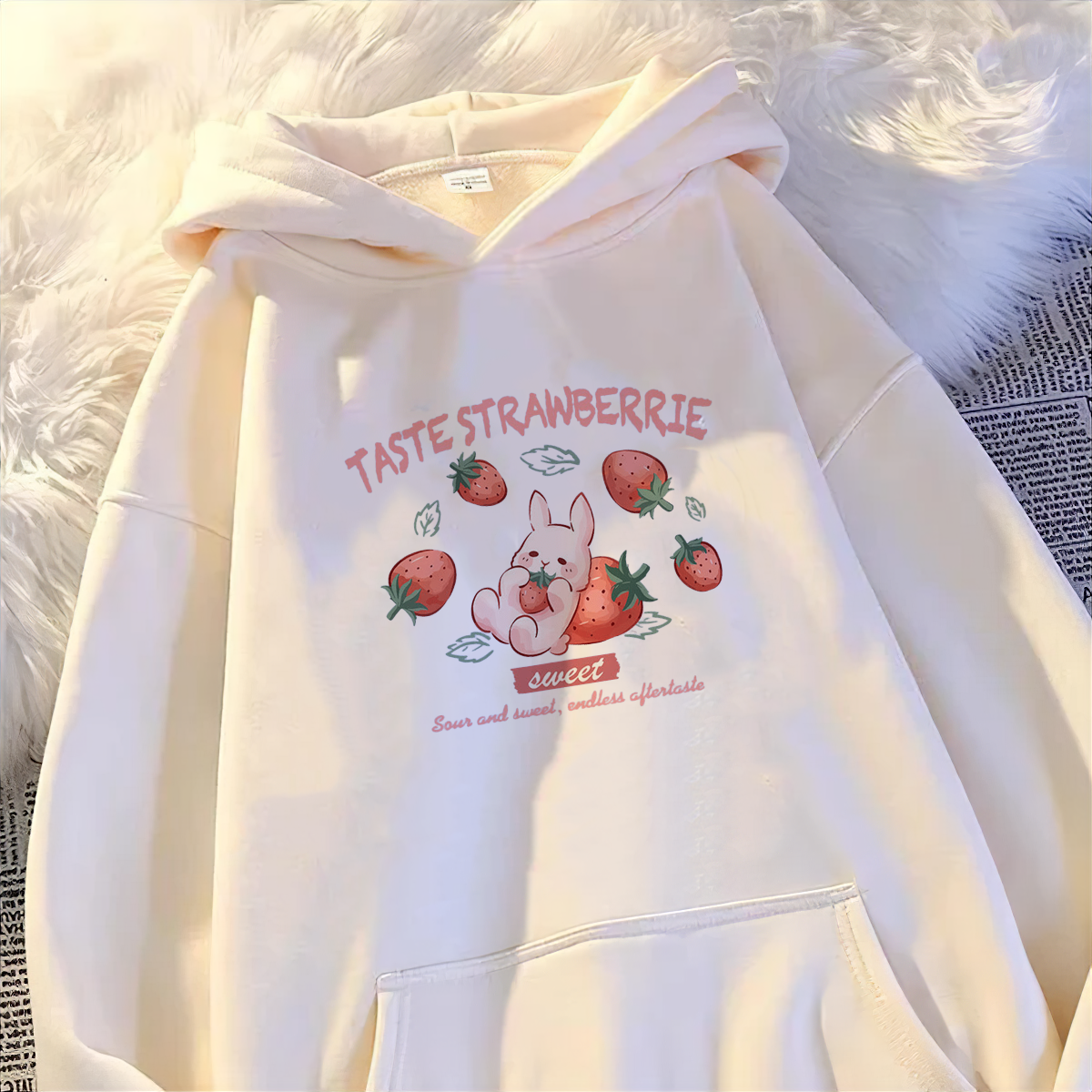 ‎هودي ارنب الفراولة ابيض مبطن