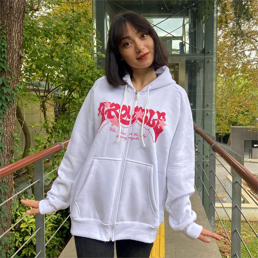 جاكيت بغطاء للرأس باللون الأبيض بسحاب (للجنسين)