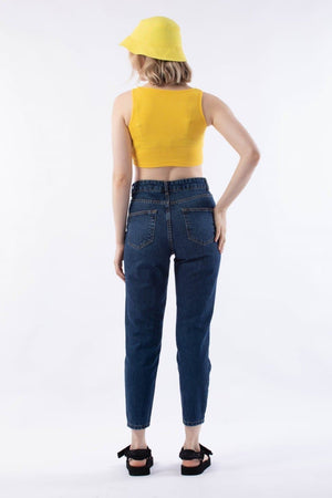 Dark Blue Torn Look Mom Jeans - مـوها ستـور